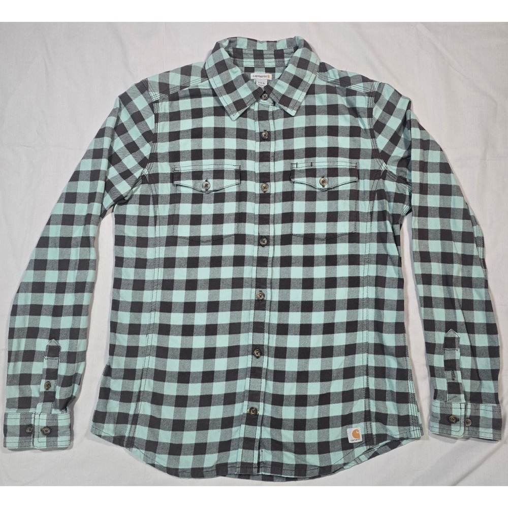 Carhartt Womens Small Green Brown Plaid Flannel Work Shirt Casual Button Up - Picture 2 of 9